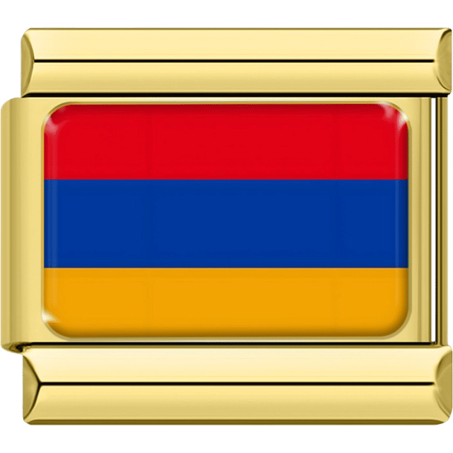 Gold Italian charm featuring the flag of Armenia with horizontal red, blue, and orange stripes.